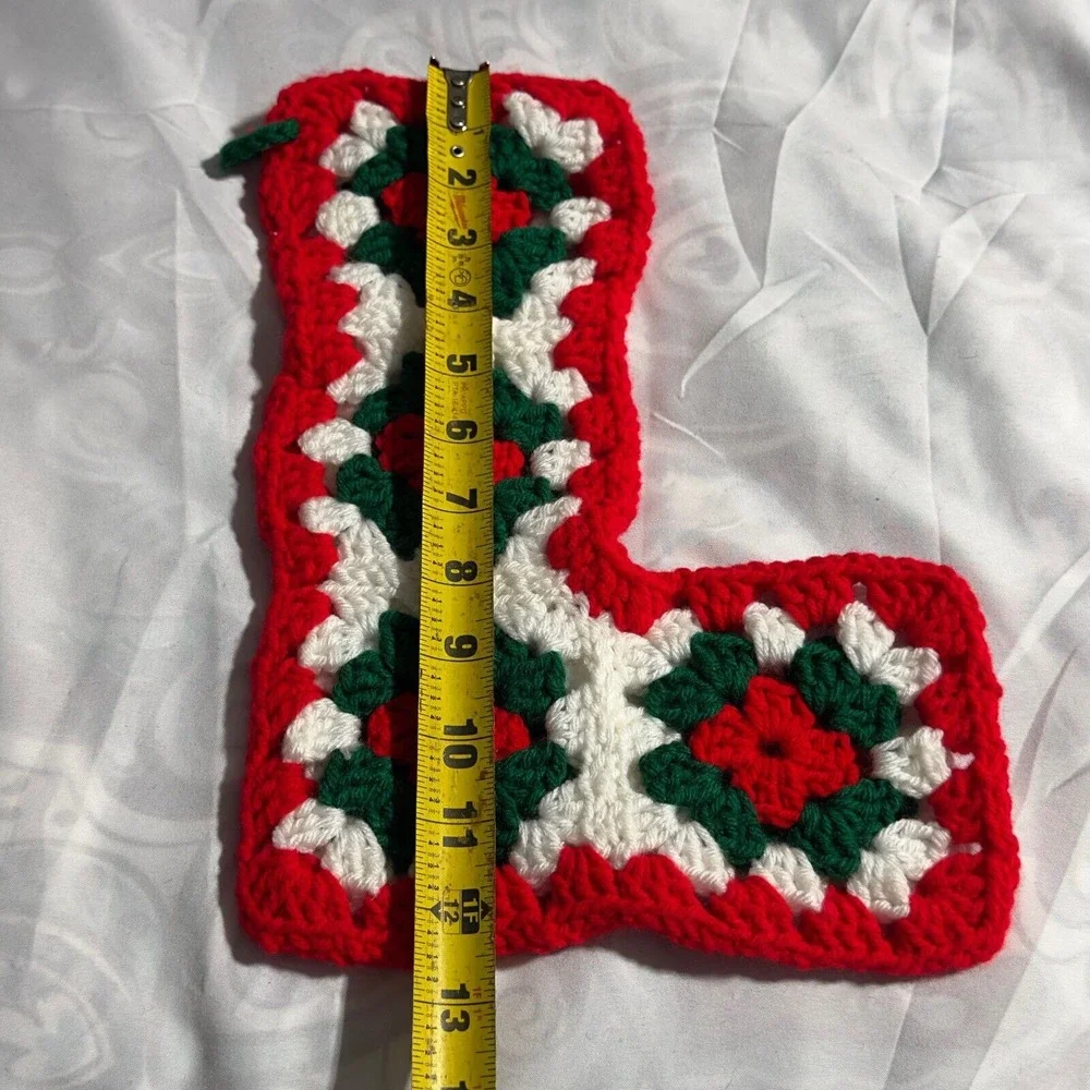 Vintage‎ Hand Crochet Red, White & Green Granny Square Christmas Stocking